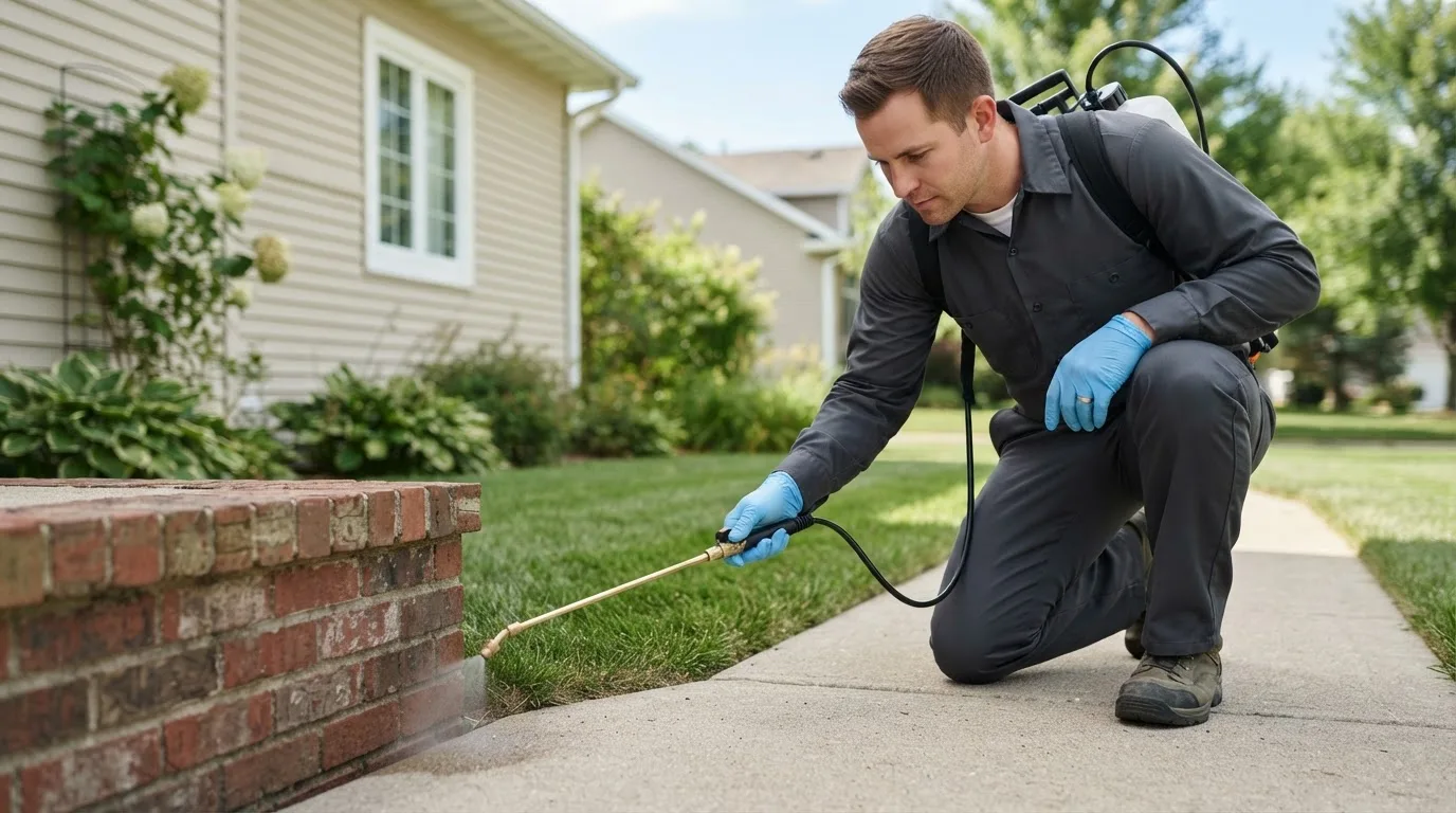 Pest control technician treating a home near House Springs, MO
